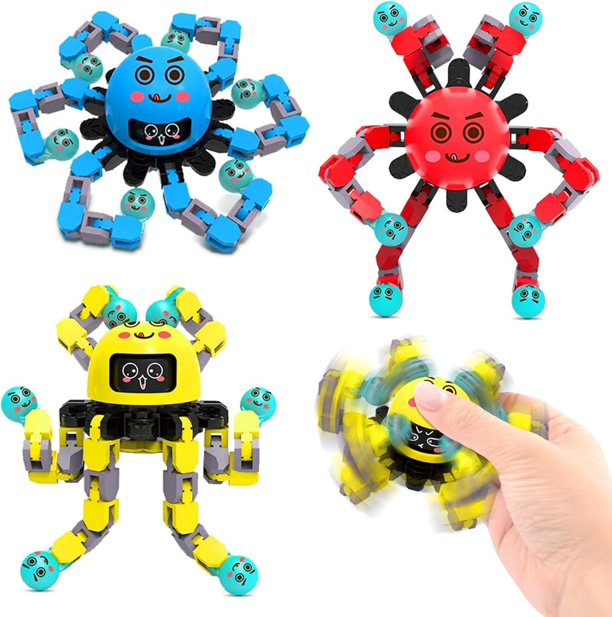 Transformable Fidget Spinner Toys for Kids and Adults - 1 Yellow+1 Blue+1 Red