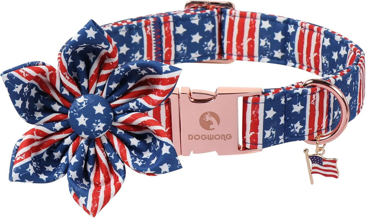 DOGWONG Fall Pumpkin Orange Plaid Dog Collar - B:Strip Flag / M