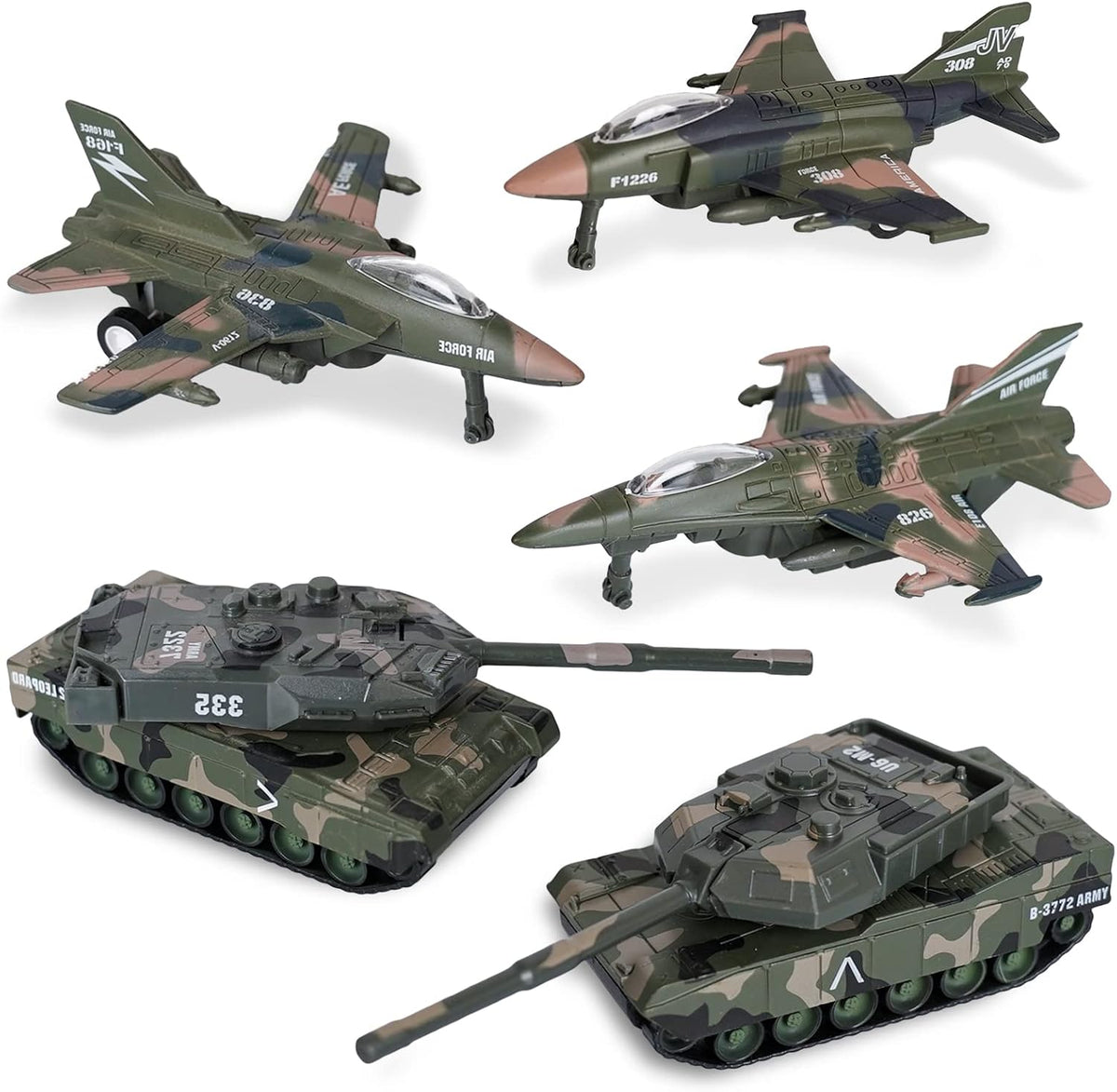 Crelloci 5 pack pull back army toys, three camo fighter jets and two tanks - view 3
