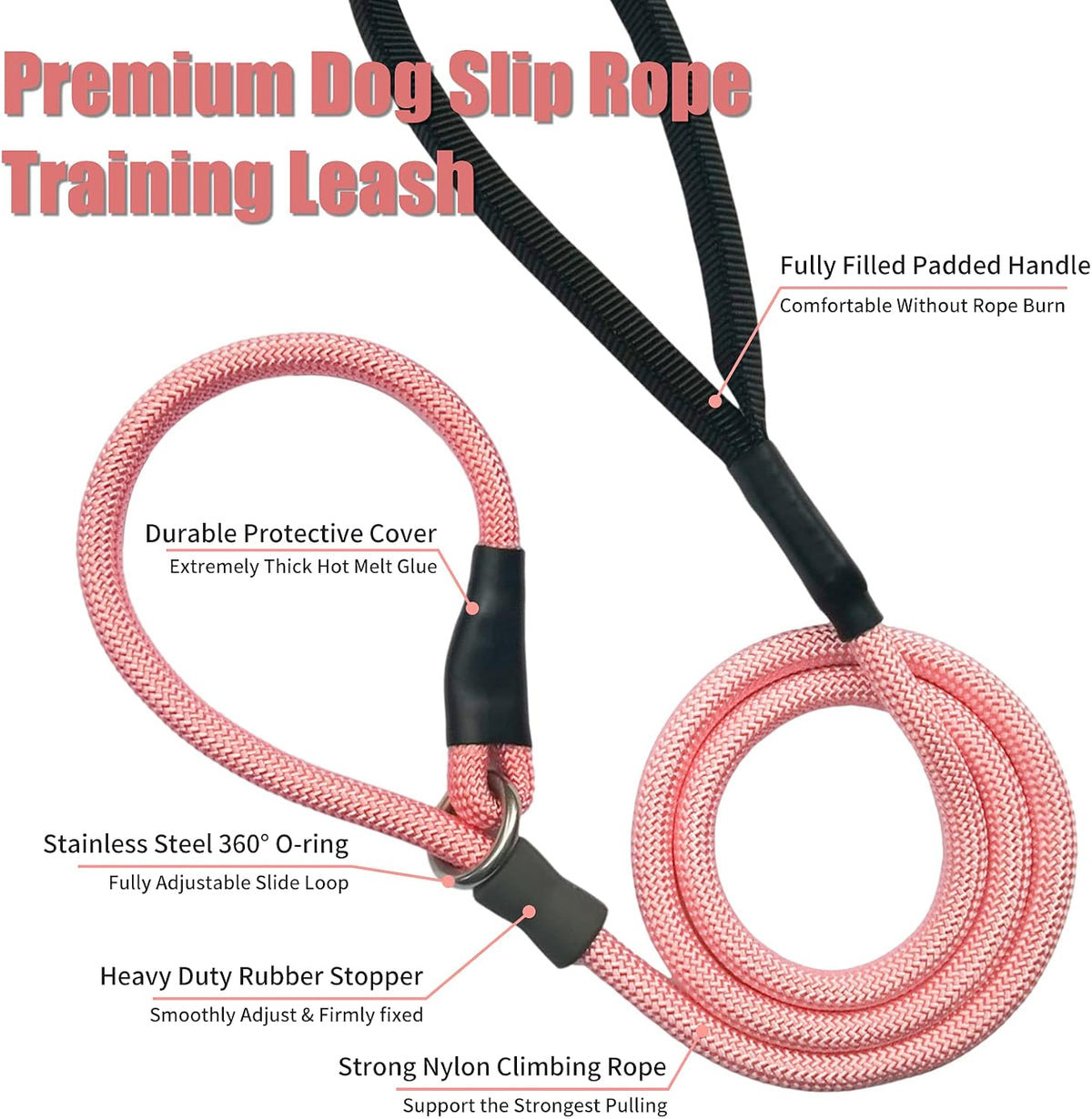 Strong Slip Rope Dog Training Leash - 1/2" x 6ft / Pink - image 3