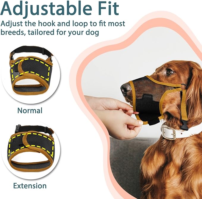 LUCKYPAW Dog Muzzle, Mesh Muzzle for Large Medium Small Dogs, Soft Mouth Guard for Biting Chewing, Breathable Mouth Guard with Adjustable Strap for Training(Brown, XS(Snout:6.5"-7.5"))