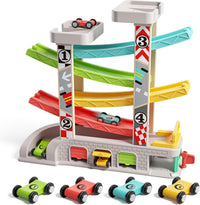 TOP BRIGHT wooden toddler car ramp race track with rooftop parking lot and 4 colorful cars - view 4
