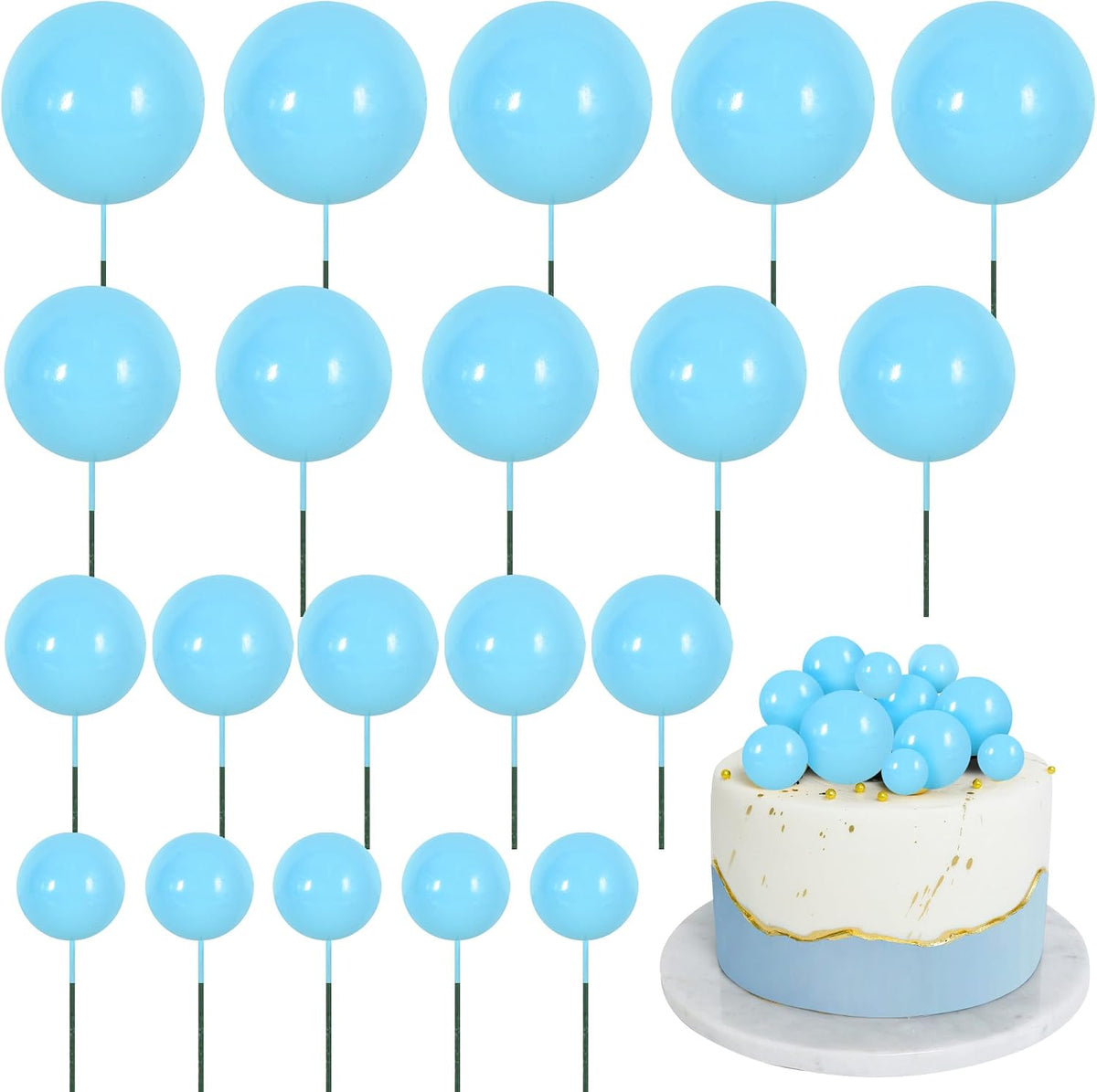 BEISHIDA 20 PCS Gold Mini Ball Cake Toppers Foam Cake Balls - Ball-light Blue