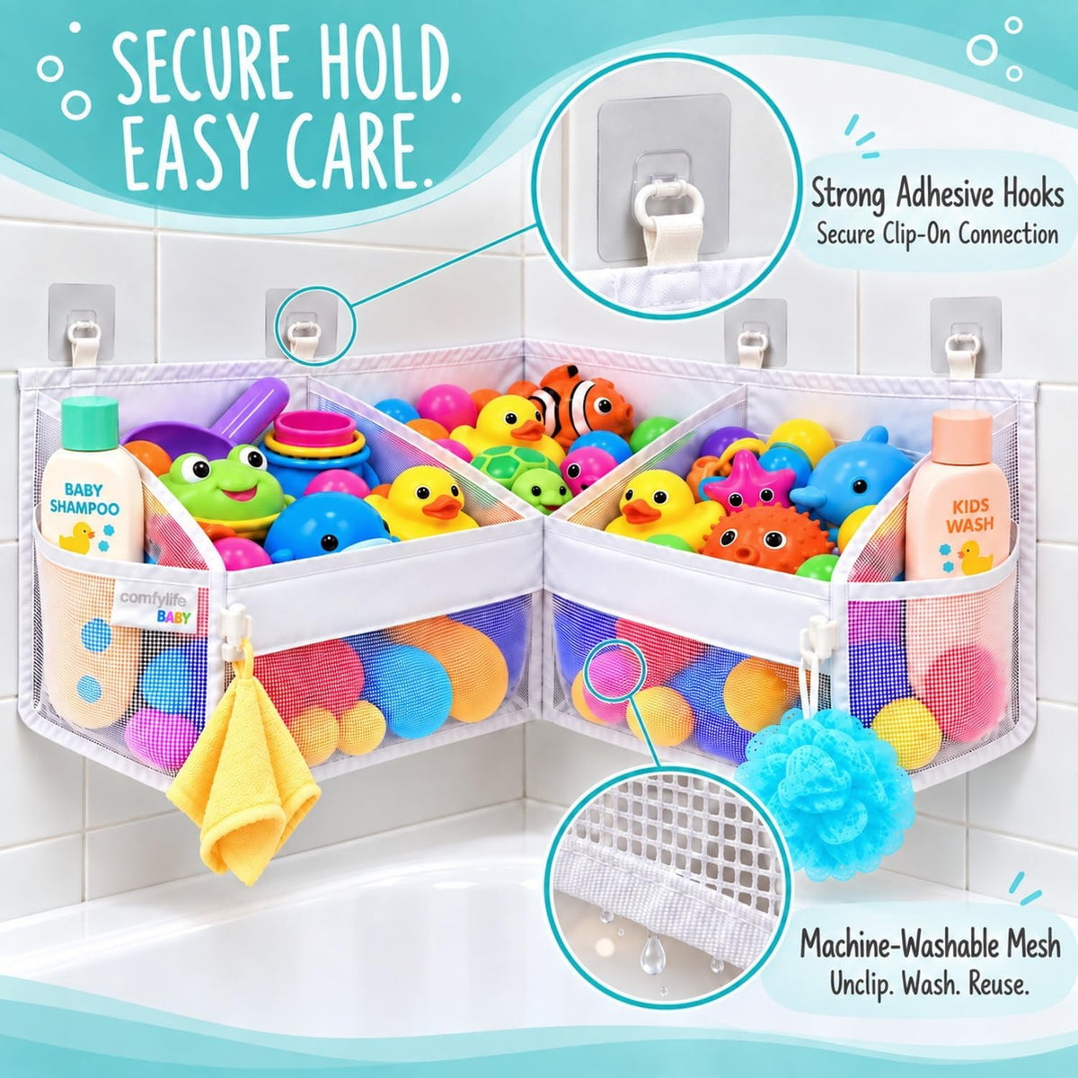 2 x Mesh Bath Toy Organizer + 8 Ultra Strong Hooks - White Corner XL - image 3