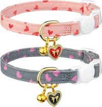 2 Pack Cotton Cat Collar Pink Strawberrie White Heart Cute Kitten - Pink&Gray
