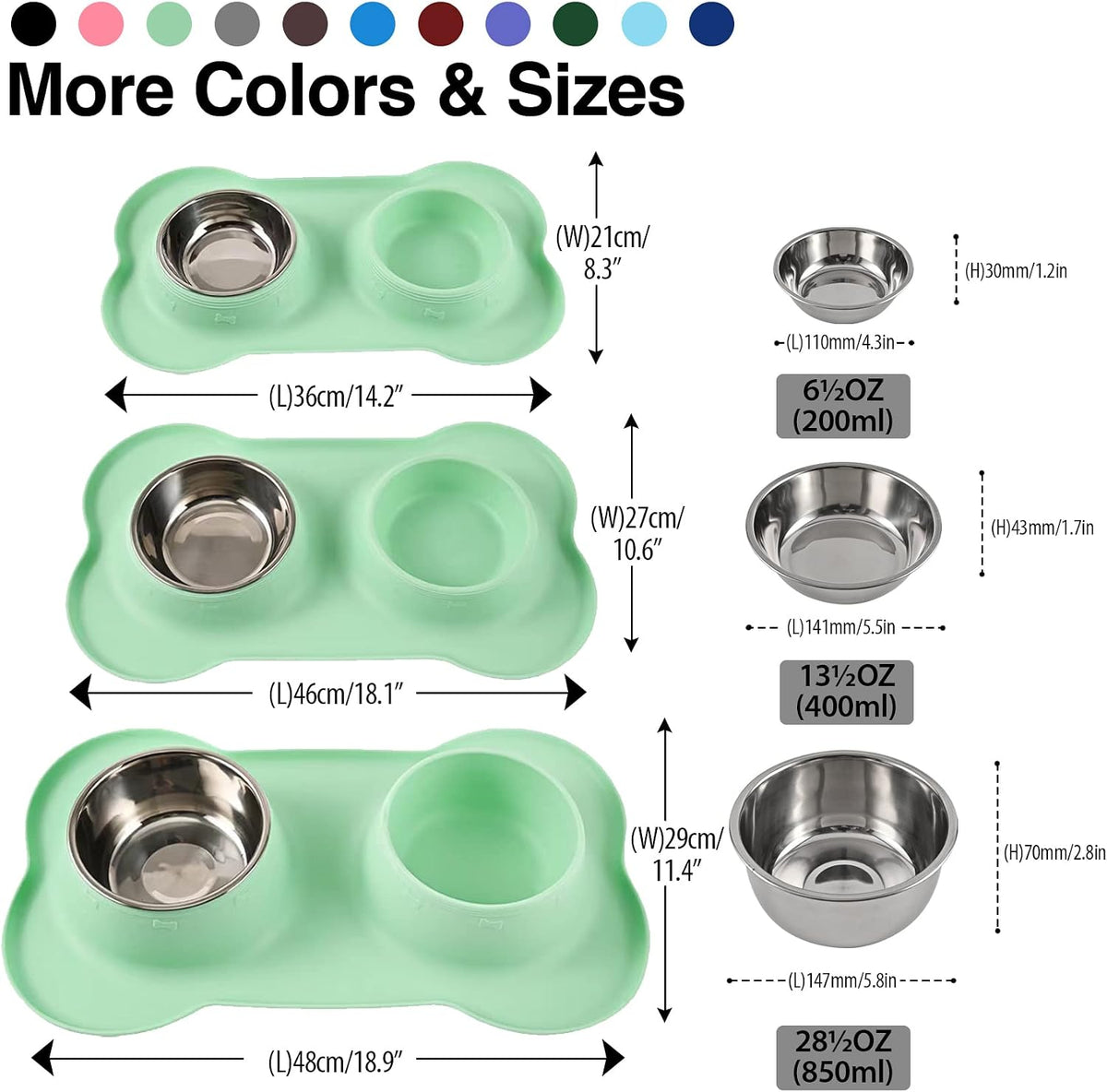 Dog Bowls 2 Stainless Steel Bowl for Pet Water and Food Feeder - 28½ oz ea / Green - image 4