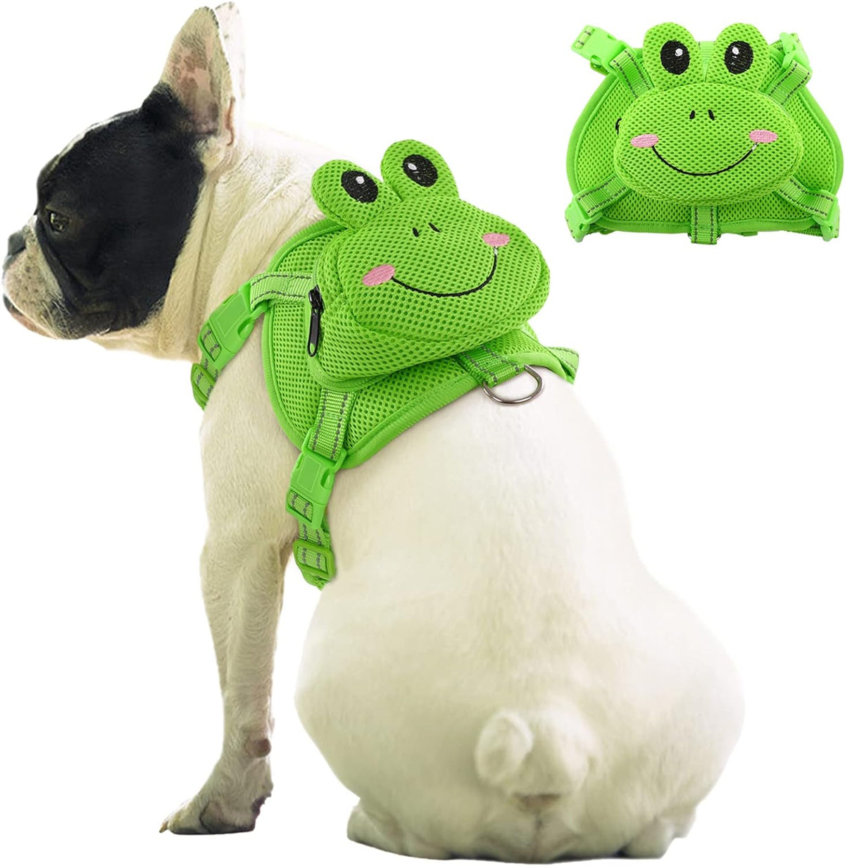 Dog Backpack Harness, No-Pull Dog Backpack with D-Ring, Frog, M - Green Frog / Small