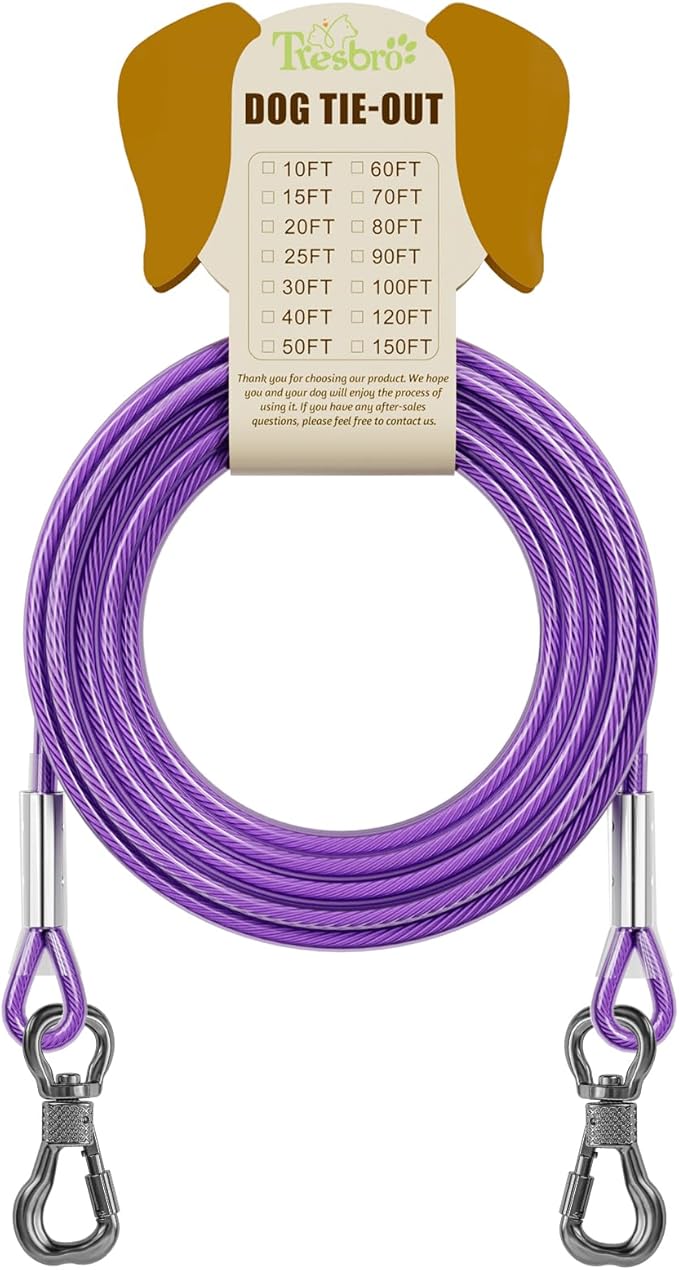 Tresbro 80FT Reflective Tie Out Cable for Dogs Up to 250 Pounds, Steel Wire Lead Leash Cable with Stainless Rotatable Buckle, Lightweight and Enduring, Dog Chains Outside for Outdoor, Yard, Purple
