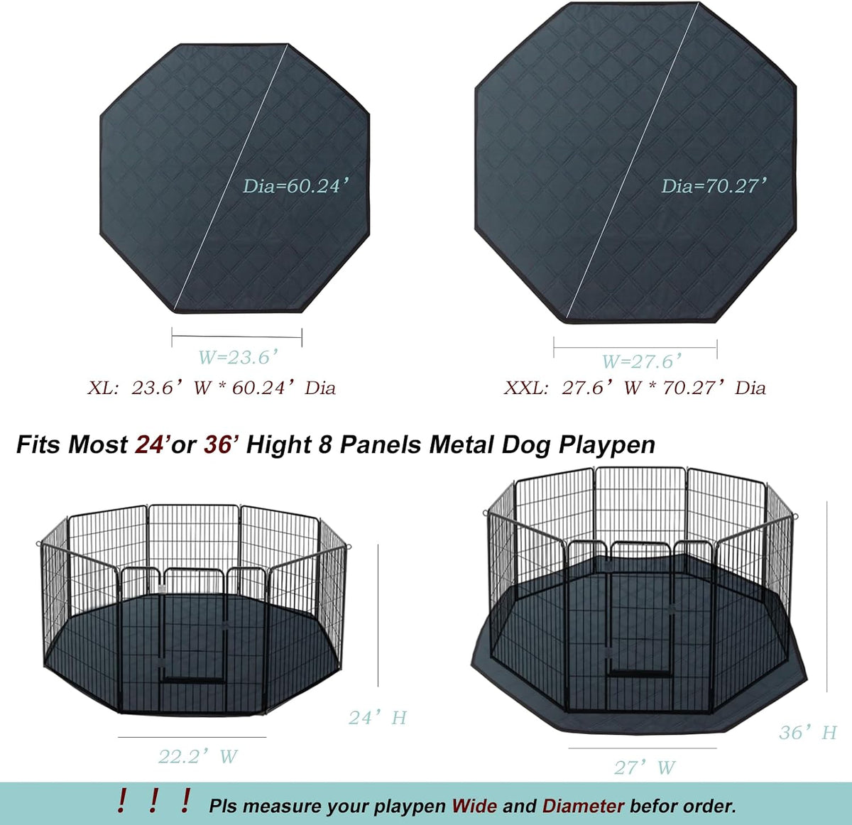 Octagon Dog Playpen Mat Washable Leakproof Pet Liner, 29' - Dark Grey-xxl / Octagon-XXL-28'*70'(Wide*Diameter) - image 3