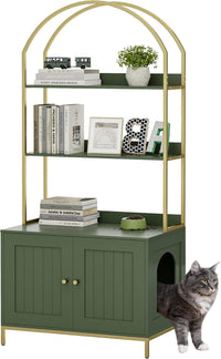 Cat Litter Box Enclosure with 2-Tier Shelves - Green and Gold