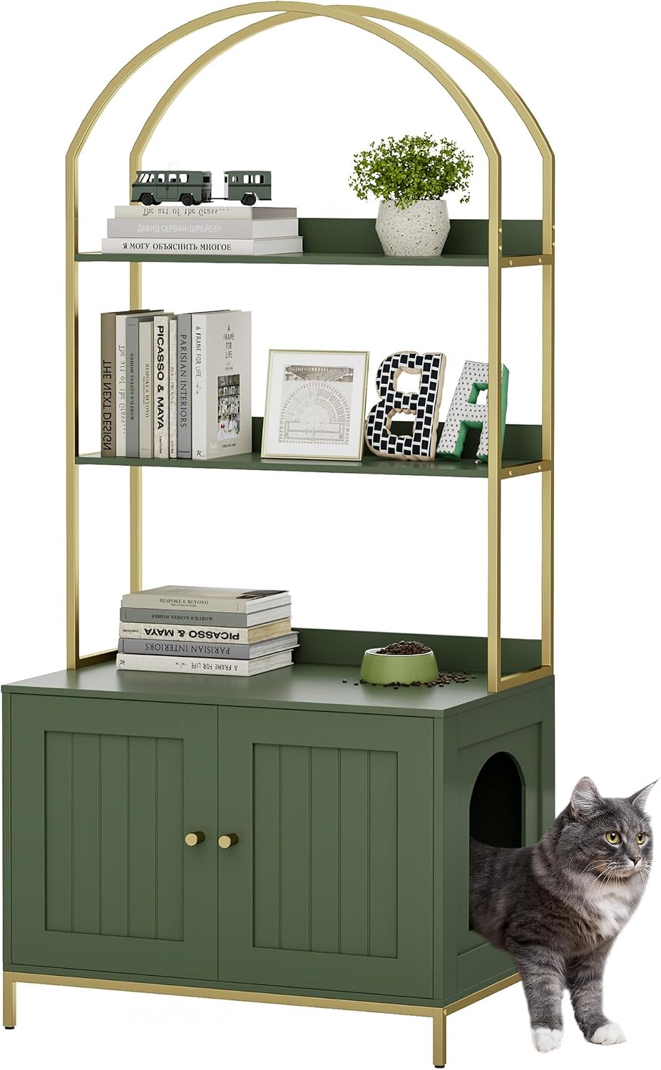 Cat Litter Box Enclosure with 2-Tier Shelves - Green and Gold