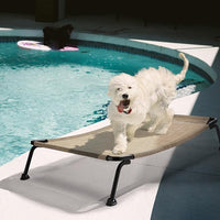 Veehoo Outdoor Elevated Dog Bed, Cooling Raised Dog Cots Beds for Medium Dogs, Portable Waterproof Curved Dogs Hammock Bed for Outside, up to 100lbs, Black Legs, Beige 32"