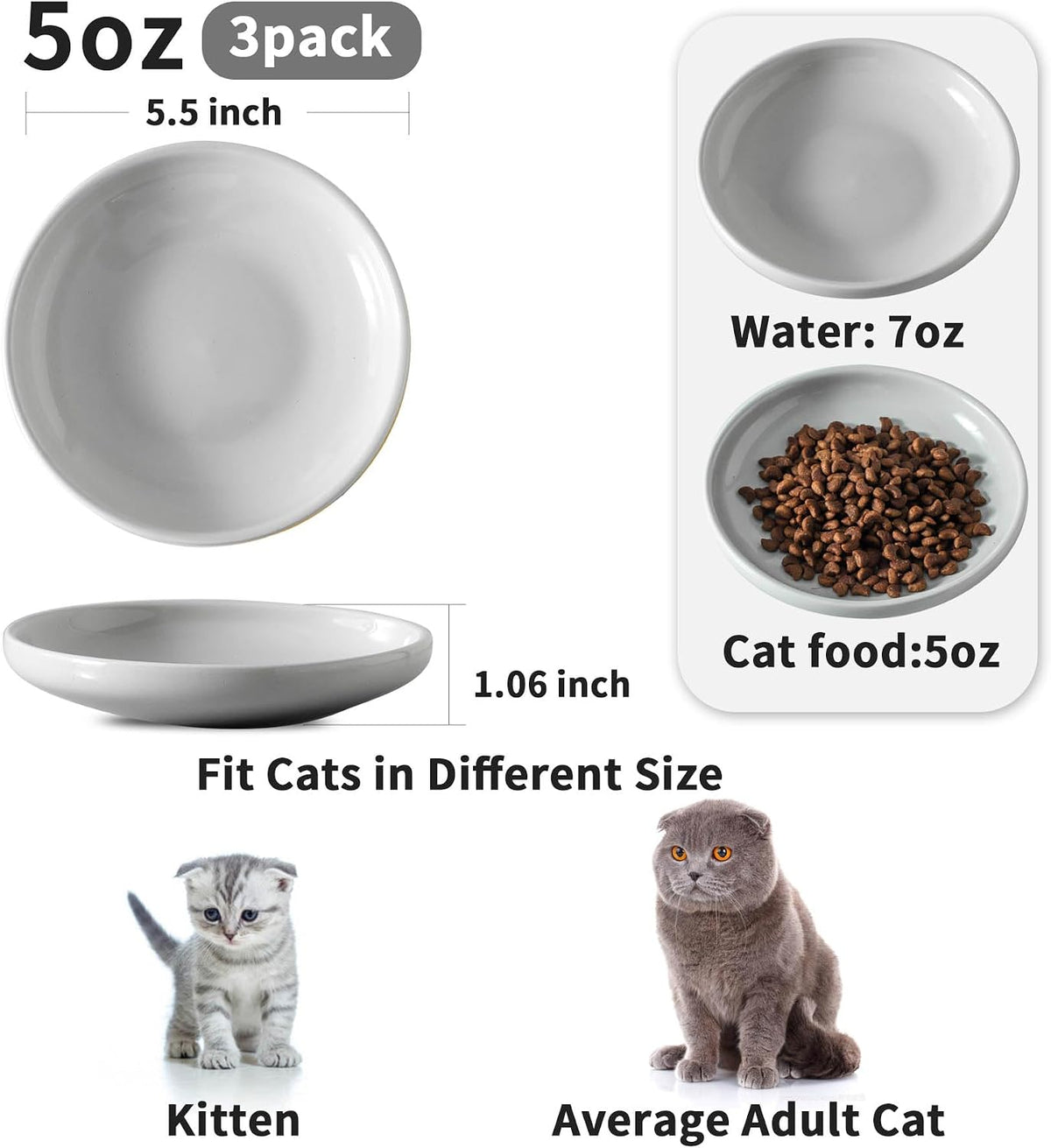 3 PCS Ceramic Cat Bowls, Small Dog Dish - Grey - image 2