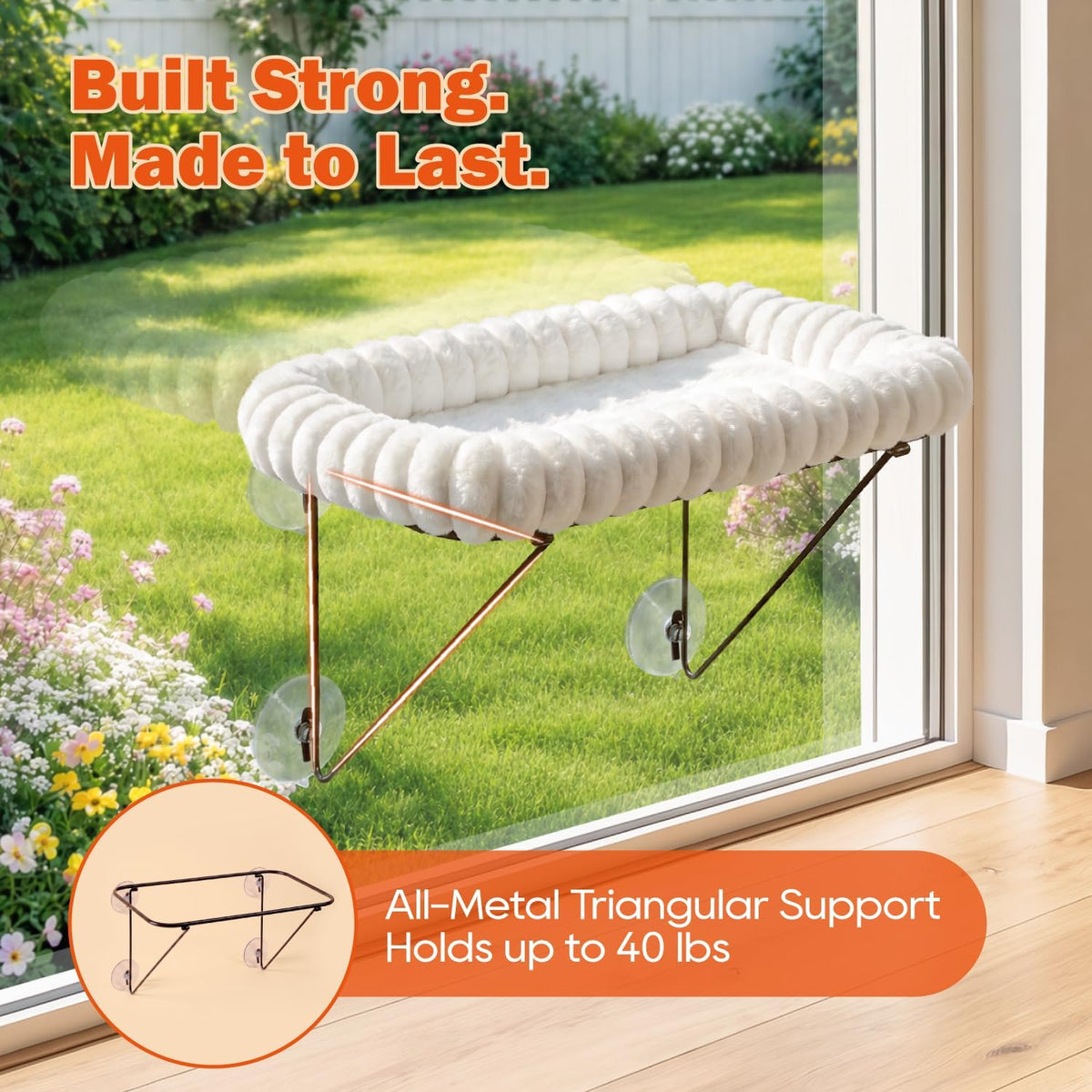 Zakkart Cat Window Perch, 100% Metal Supported from Below – Essentials for Cats - Cream White Striped Bed - image 2