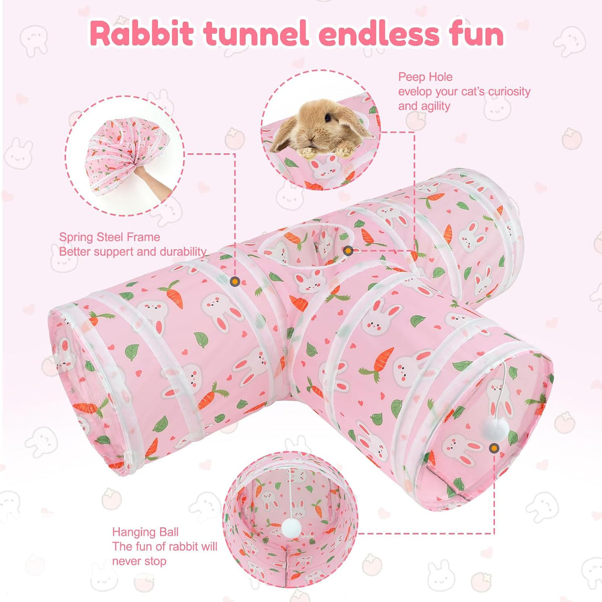 Bunny Tunnels & Tubes, 3-Way Collapsible Rabbit Hideout for Bunnies – Essentials for Small Pets - Pink - image 4