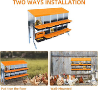 Chicken Nesting Boxes, 10 Hole Metal Chicken Laying Box with with Removable Trays and Roll Out Egg Collection for Chicken Coop, with Metal Bracket, Orange