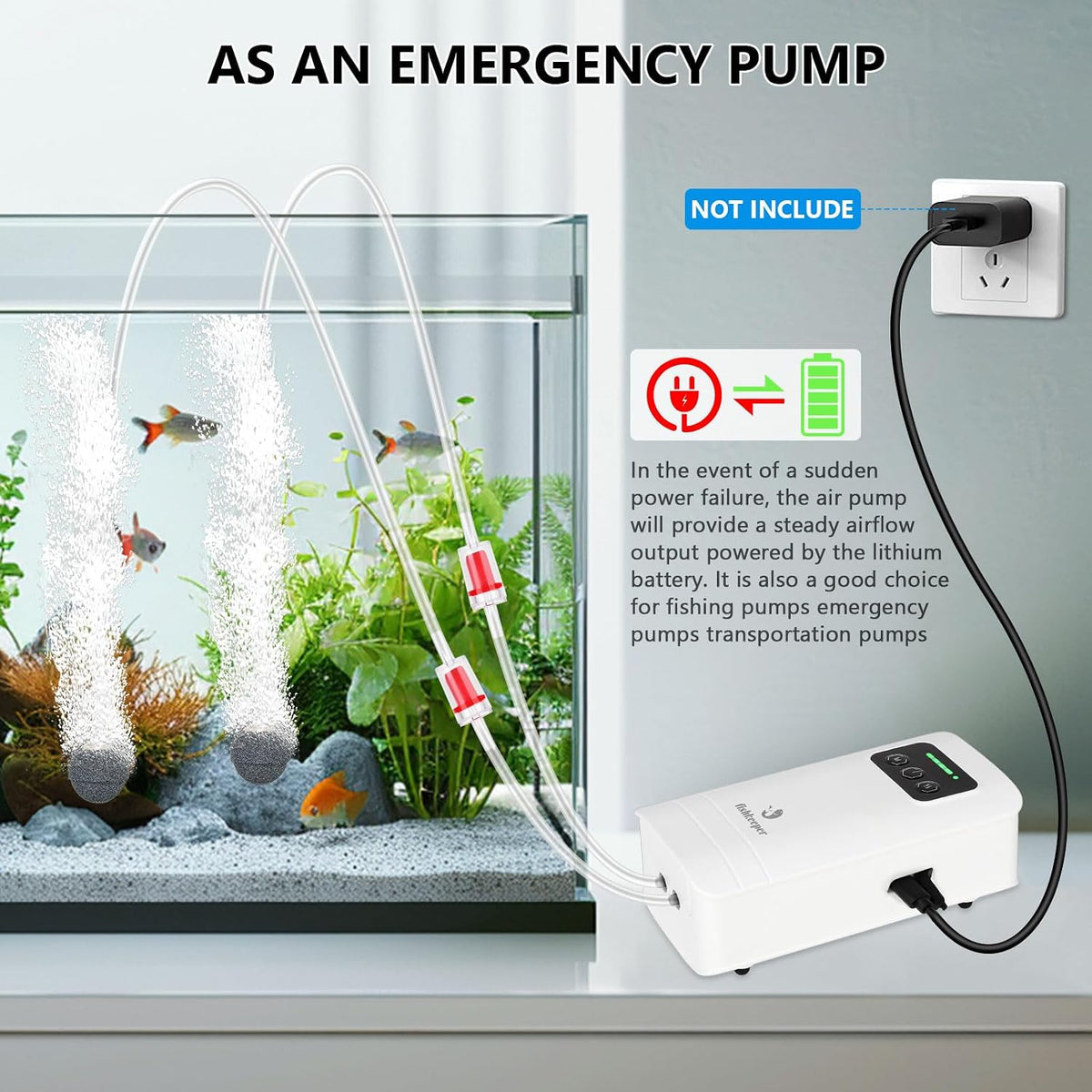 fishkeeper Battery Powered Aquarium Air Pump - L(6W-6000mAh for 10-210Gal) - image 2