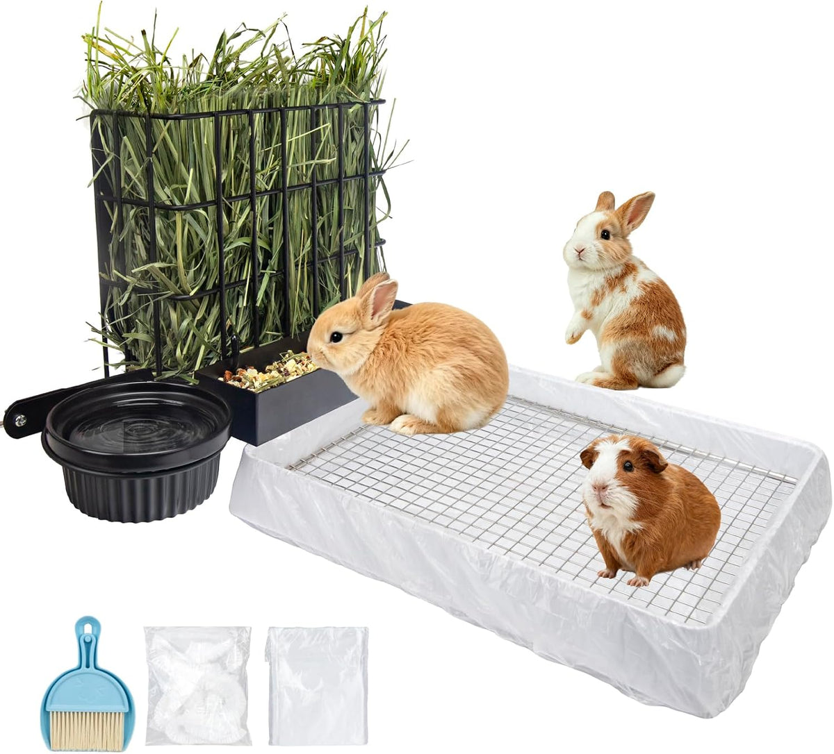 3 in 1 Guinea Pig Hay Feeder with Litter Box & Water Bowl - 10in set / Black