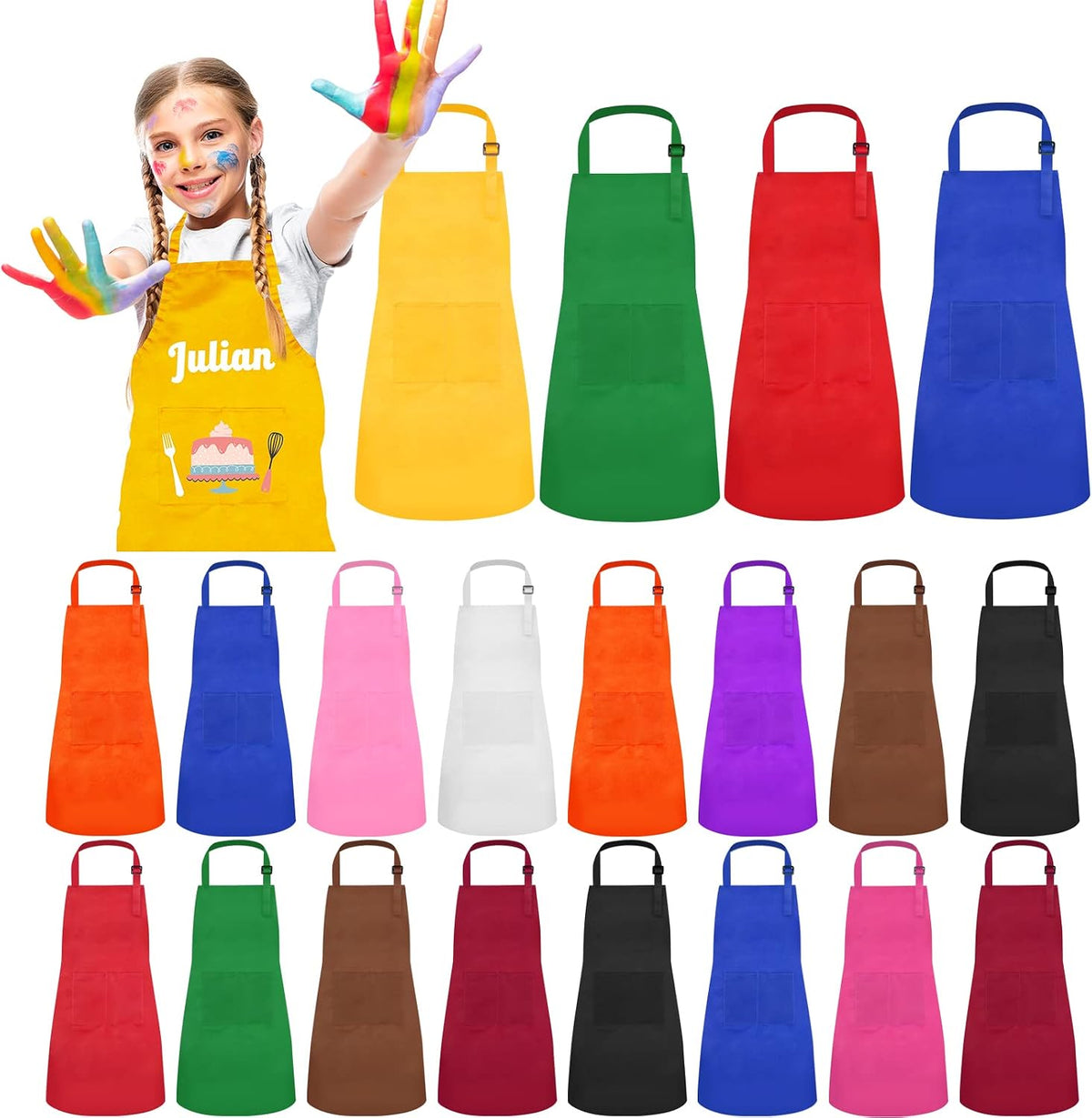 Ecoofor kids aprons set, 24 chef aprons in 12 bright colors with two front pockets