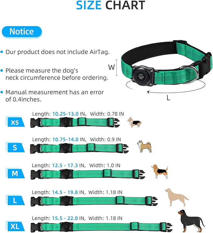Upgraded AirTag Dog Collar, IP68 Waterproof Air Tag Dog Collar Holder, Reflective, Ultra-Durable, Comfortable Padded, Heavy Duty Dog Collars for Small Medium Large Dogs (M (12.6"-17.1"), Teal)