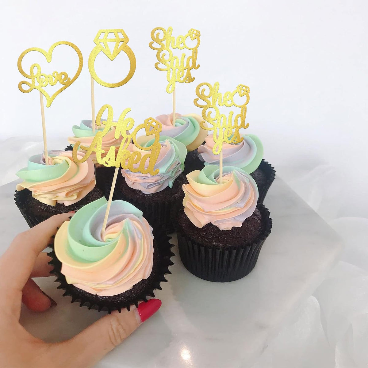 Gyufise He Asked She Said Yes Cupcake Toppers Gold Glitter Diamond - Light Gold - image 4
