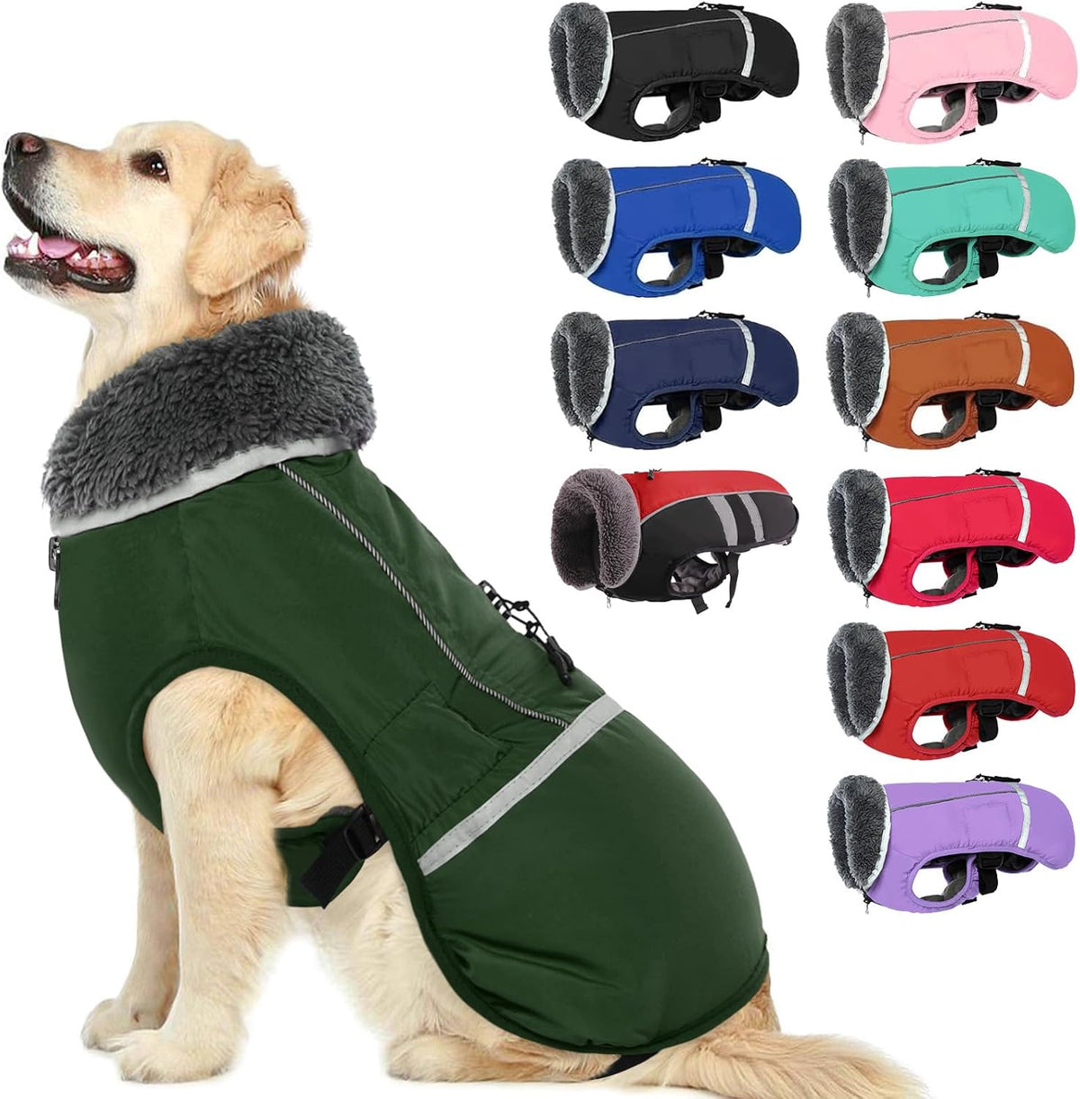 QBLEEV Warm Dog Coat, Reflective Dog Jacket - Armygreen / X-Large