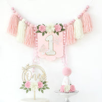 First Birthday Decorations for Boy Blue One Year Old High Chair - Pink White - image 3