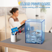 Clear Pink Piggy Bank with Lock & Key for Adults - Blue - image 4