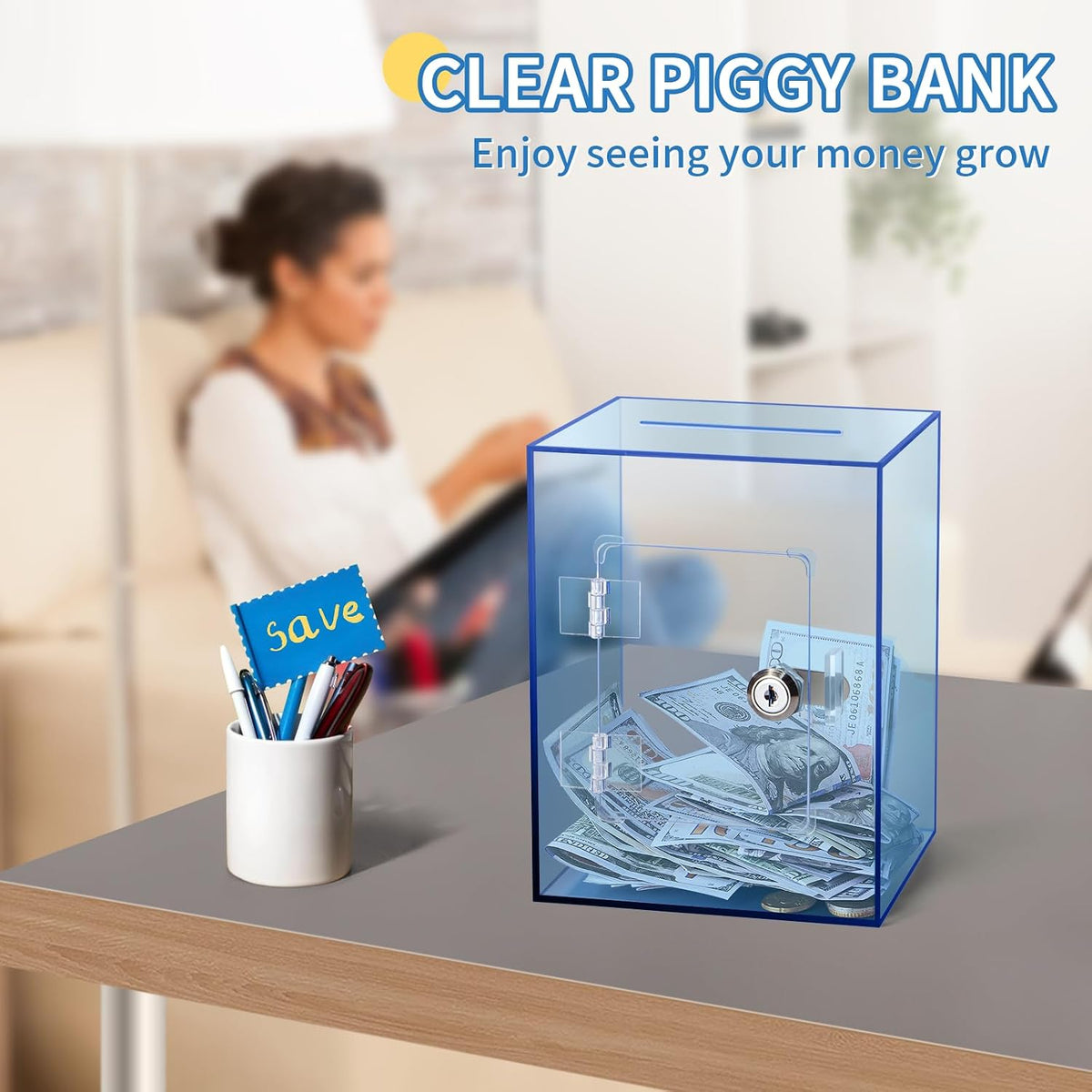 Clear Pink Piggy Bank with Lock & Key for Adults - Blue - image 4