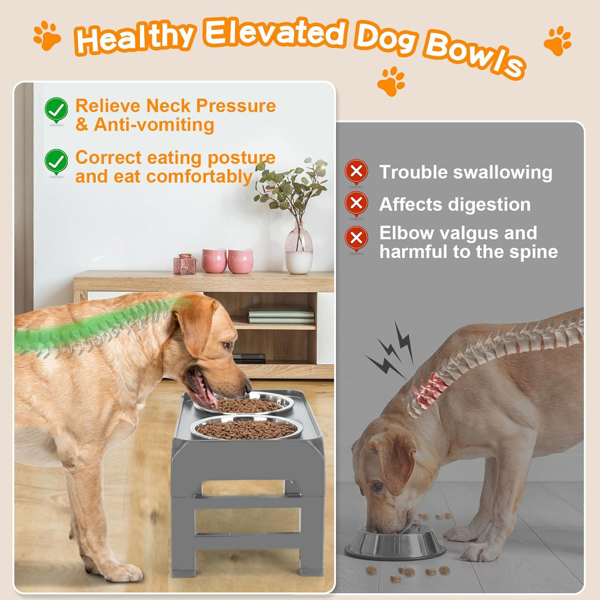 Elevated Bowls, 4 Height Adjustable Raised Stand With 2 Thick 50oz Stainless Steel Food Bowls - Grey / 8" for Medium Dogs (Pack of 2) - image 3