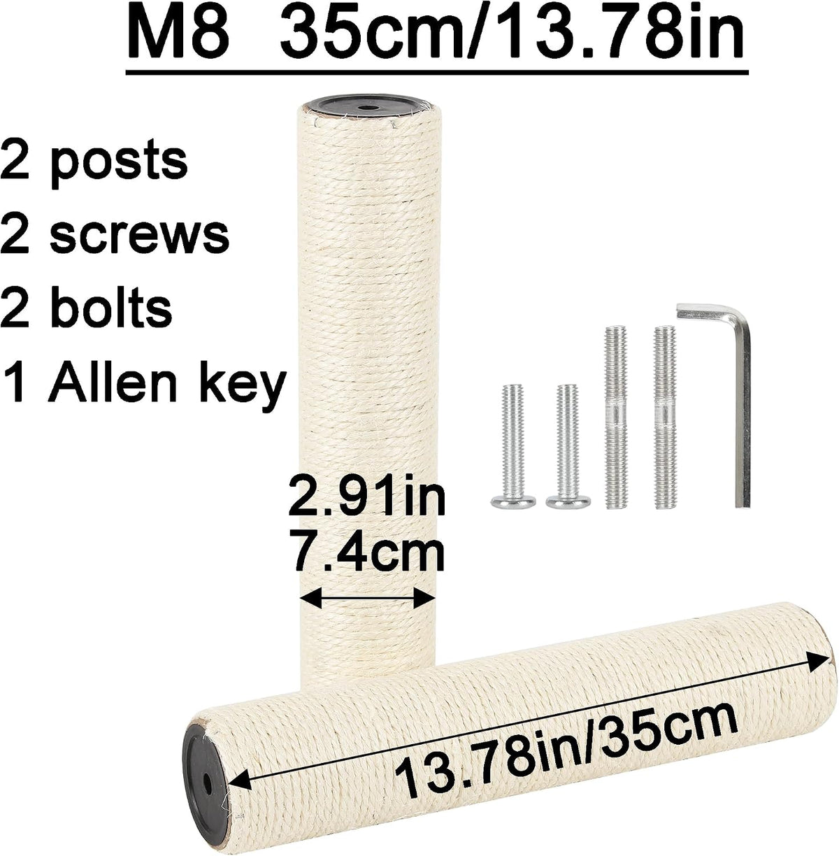 7.4cm 2.91in Diameter Cat Tree Scratching Post Replacement Sisal Pole - 13.78in/35cm / M8*2posts - image 2