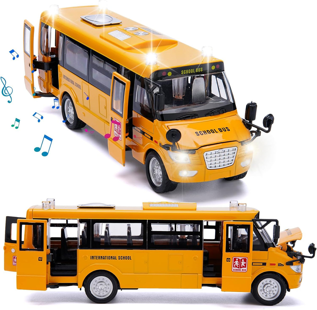 Crelloci School Bus Toy, Die Cast Model Car with Flashing Lights & Sounds, Friction Powered, Back