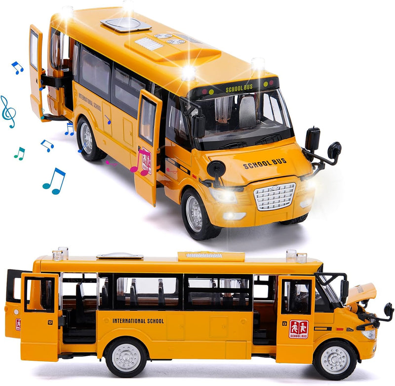 Crelloci School Bus Toy, Die Cast Model Car with Flashing Lights & Sounds, Friction Powered, Back
