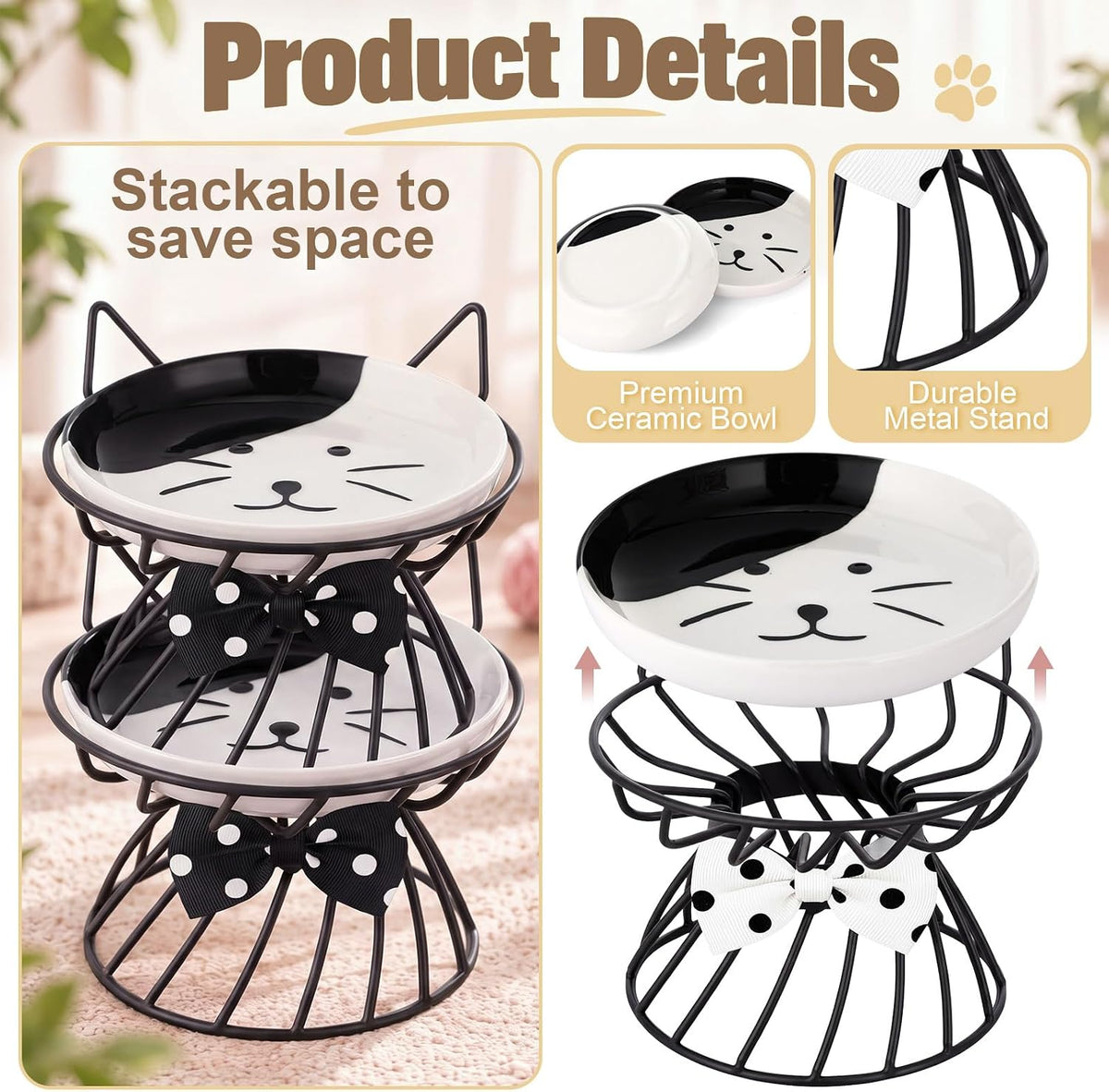 Sunnyray 4 Pcs Elevated Cat Bowls Raised Cat Food Bowl - Bow Tie / Black - image 3