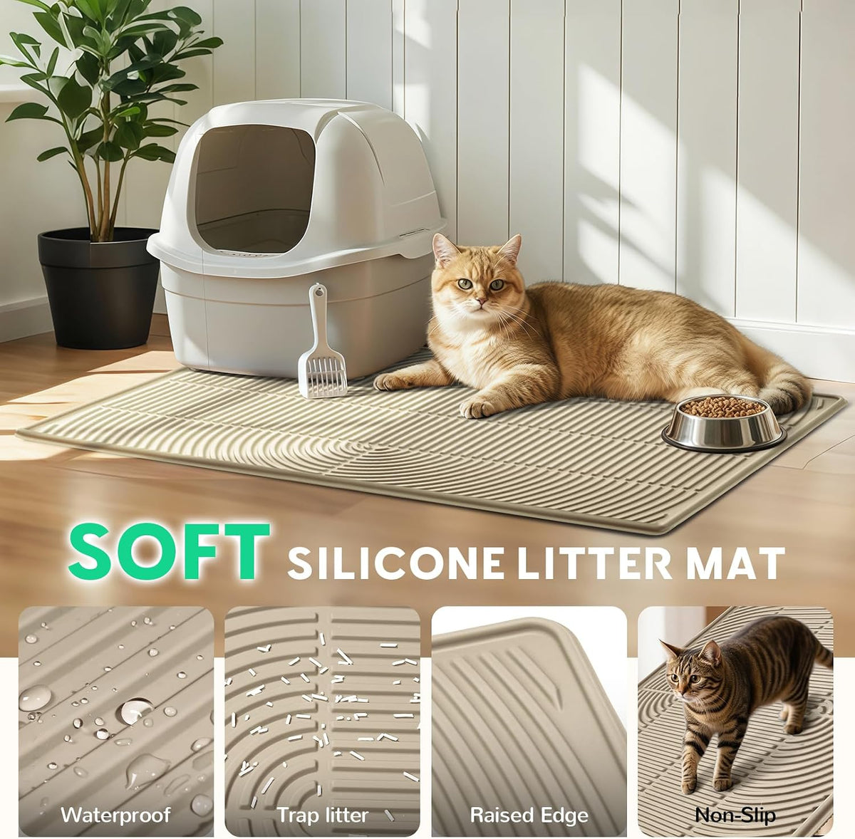 Cat Litter Mat,47" x 35" Extra Large Silicone Waterproof Litter Trapping Mat for Scatter Control - 47" x 35" / Khaki - image 3