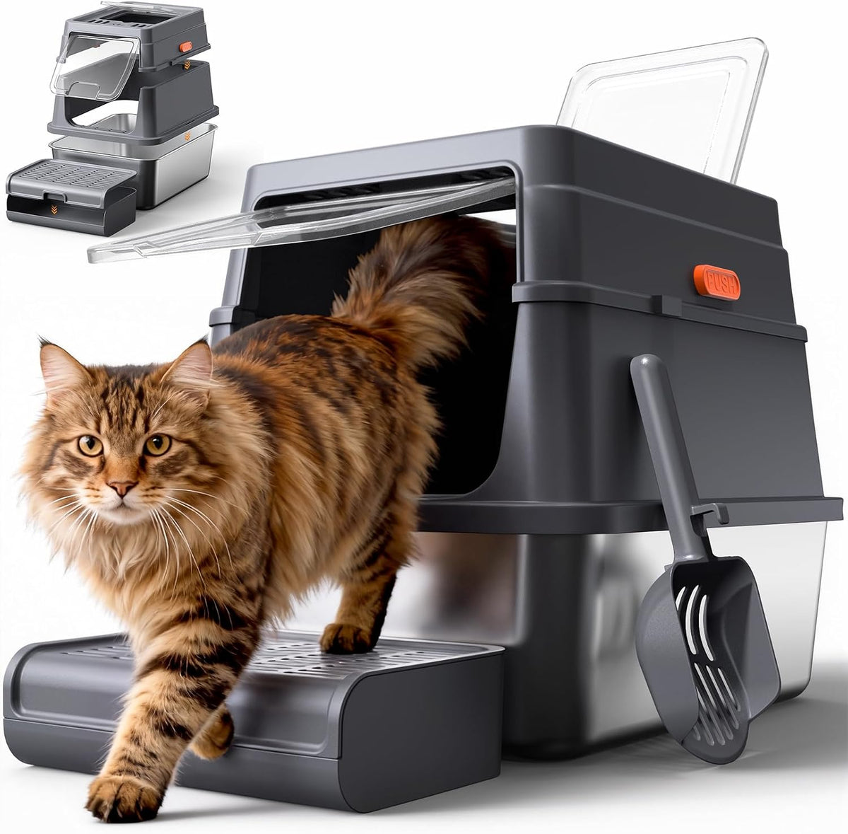 Powools Stainless Steel Enclosed Cat Litter Box - 17.1" x 13.2" x 15"