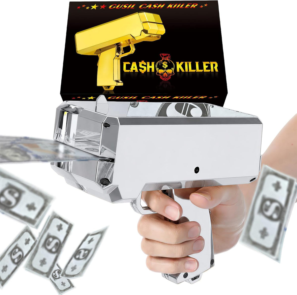 Gusil Money Gun Shooter Cash Cannon Bills Gun Make It Rain Toy Gun - Silver