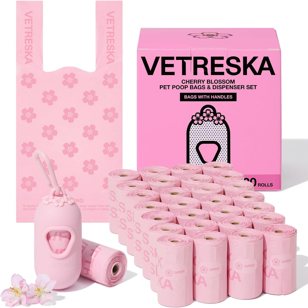 VETRESKA Dog Poop Bags with Handles 240 Count - Cherry Blossom / 1 Count (Pack of 450)
