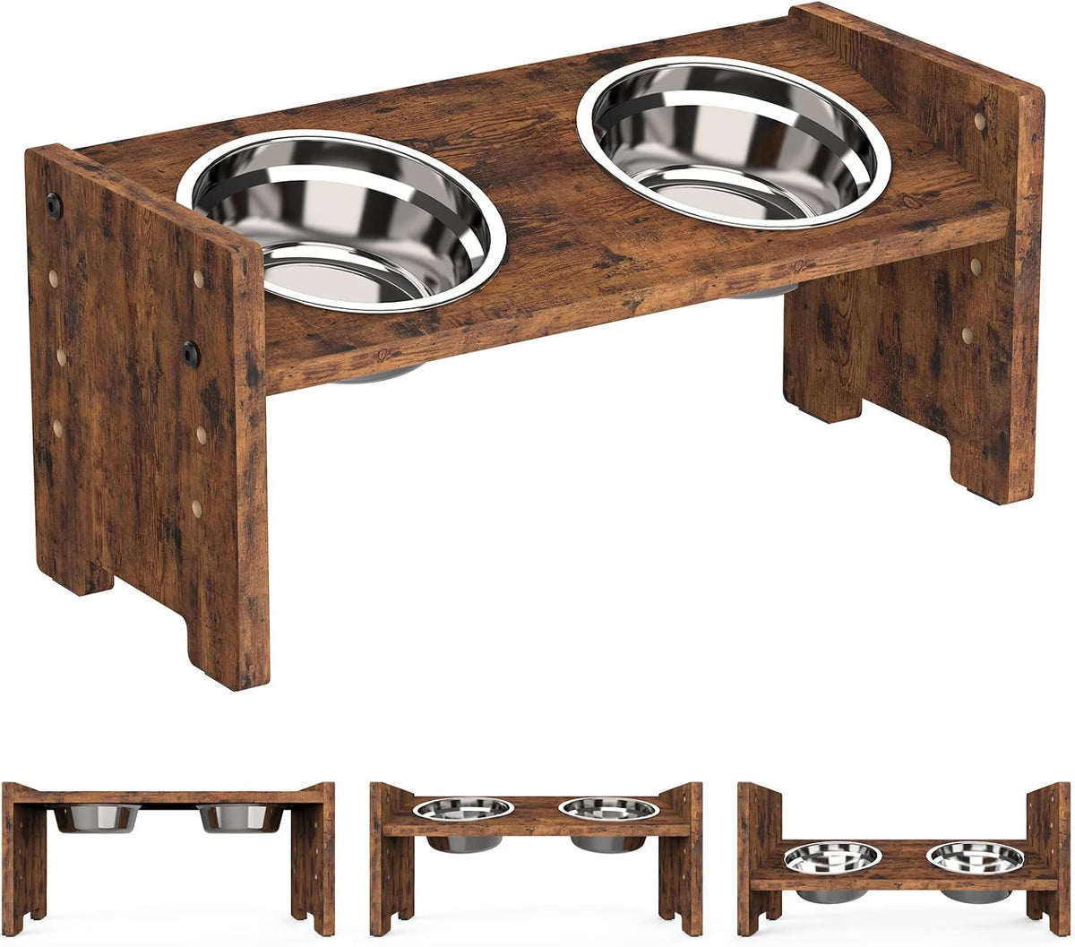 Elevated Dog Bowls, Raised Dog Bowl Stand Adjustable Small - Rustic Brown / Small / Without Mat
