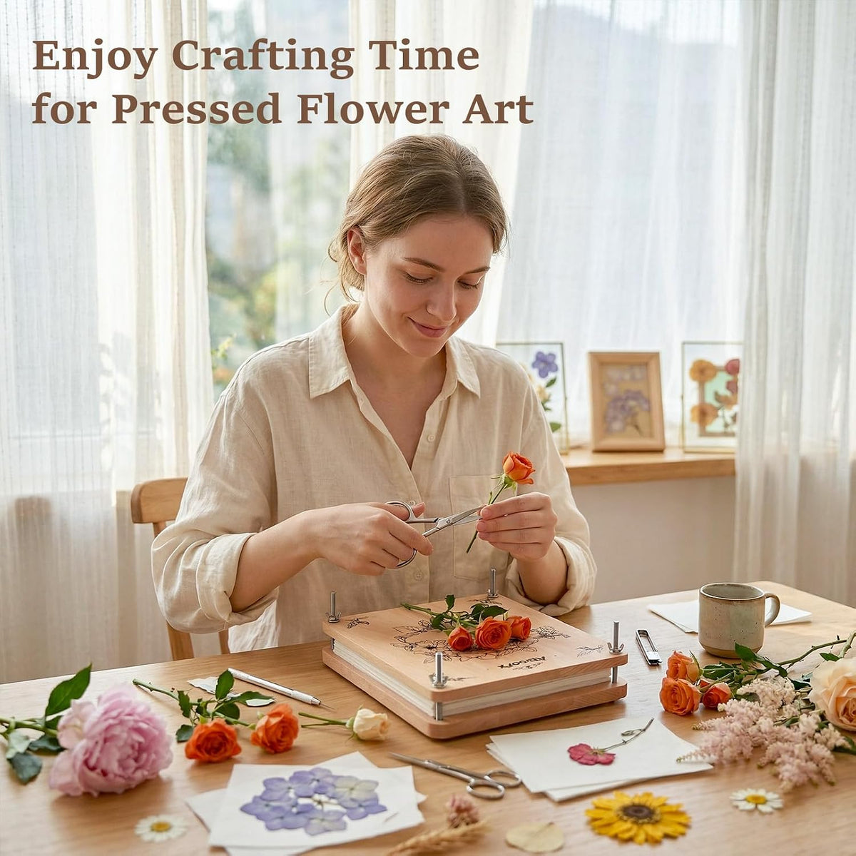 Aboofx large wooden flower press kit with six layers, lining papers and craft tools - view 2
