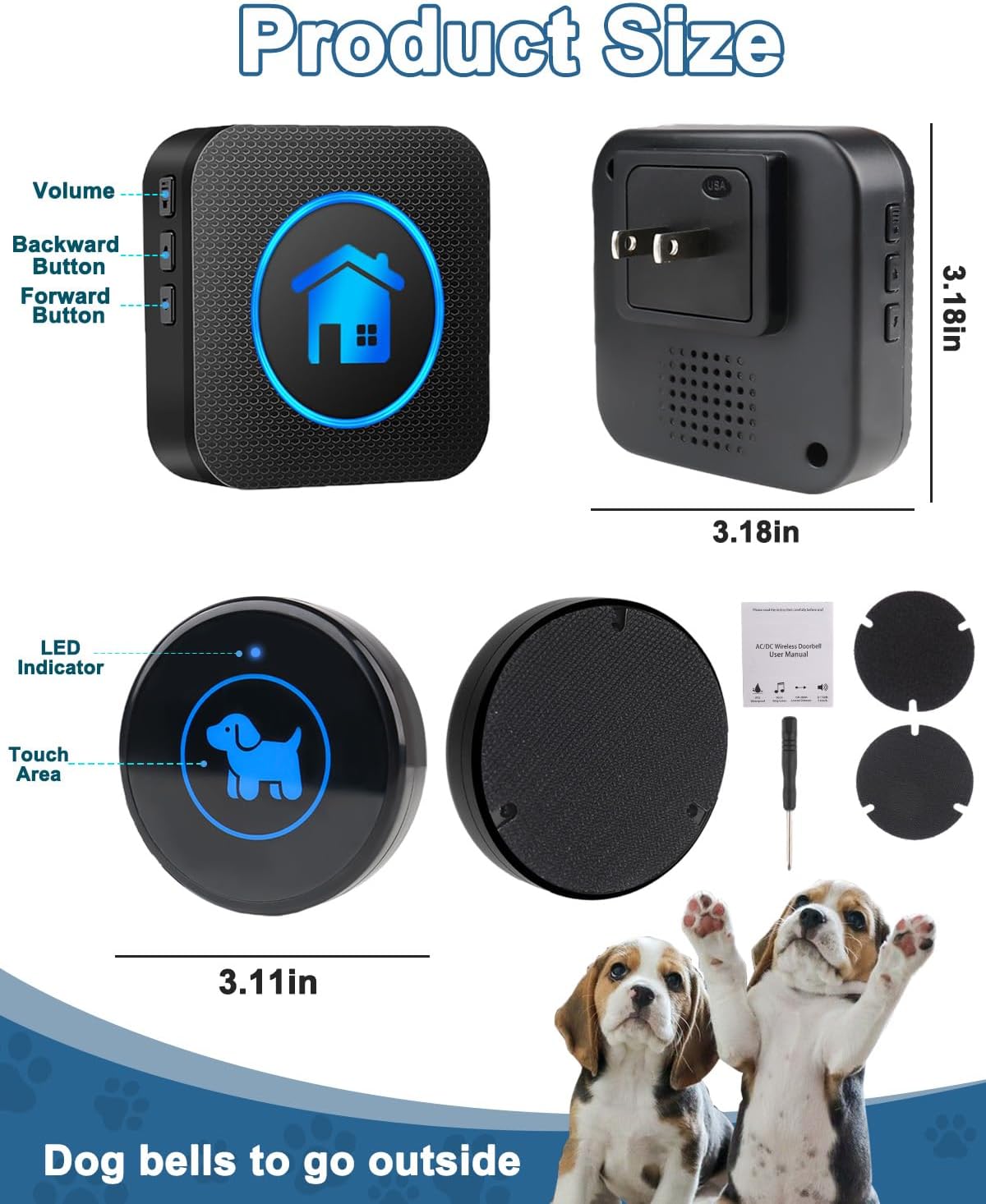 Dog Door Bell for Potty Training - Black – 2 Buttons + 2 Receivers - image 2