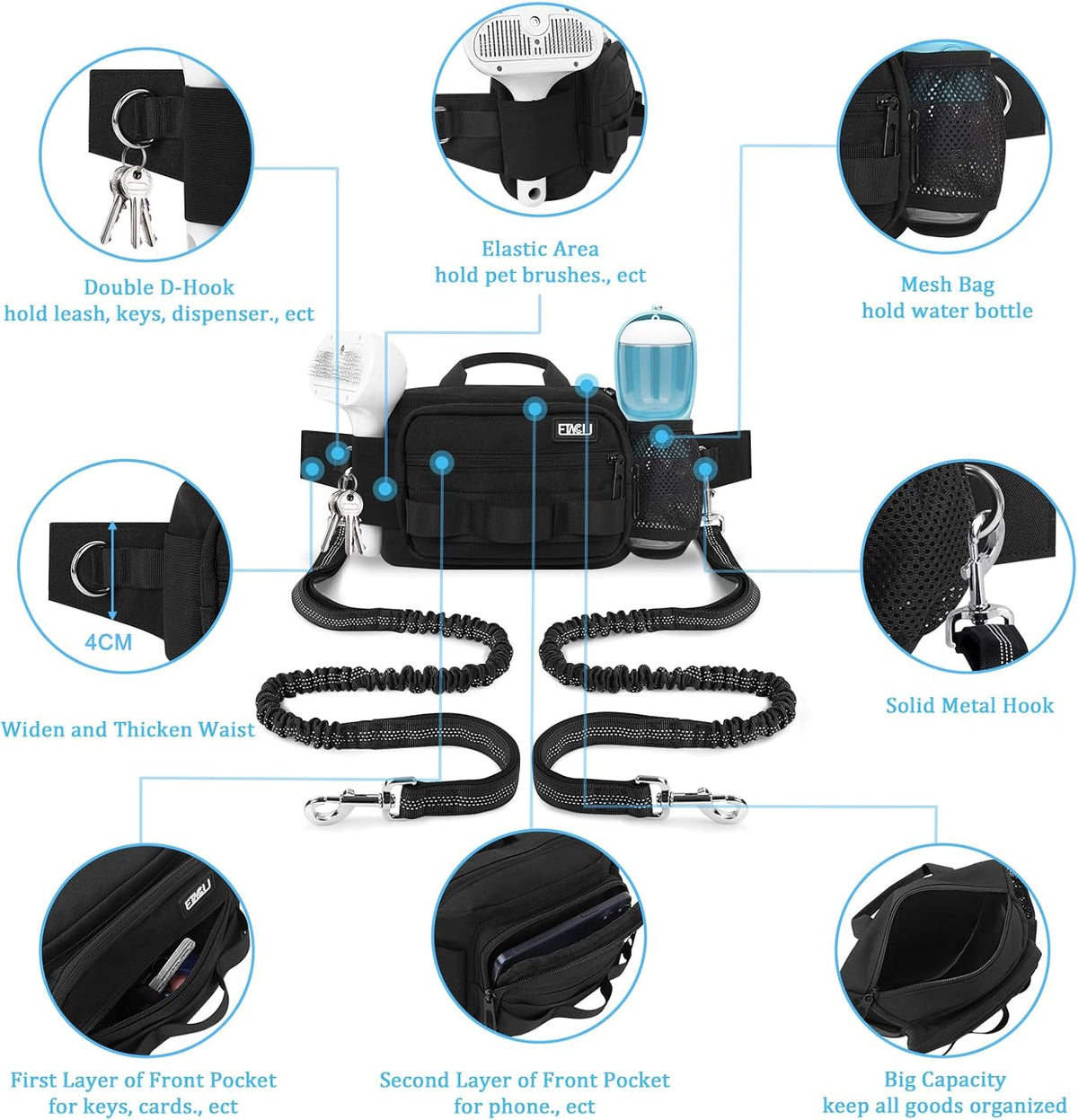 ETACCU Hands Free Dog Leash with Phone Pouch - 2 Dog Black - image 4