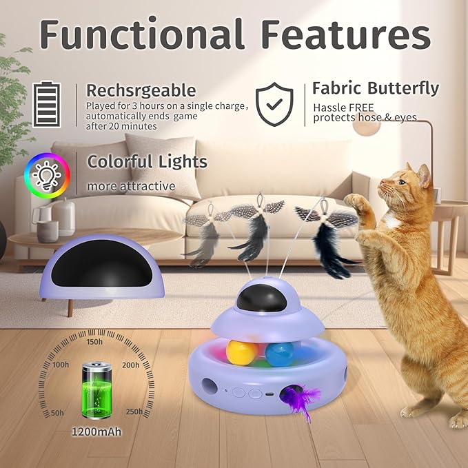 Cat Toy,Purple 4-in-1 Interactive,Cat Toys for Bored Indoor Adult Cats,Electric Flying Butterfly,Rechargeable Automatic Toy,Moving Ambush Feather,Track Balls