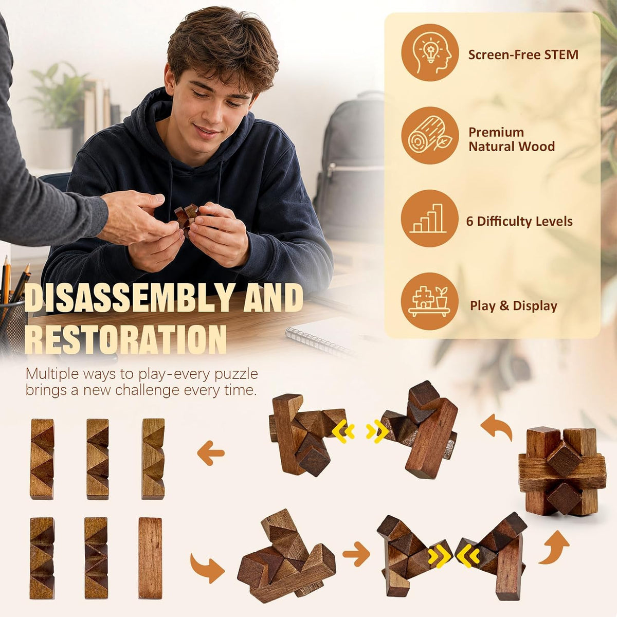 VolksRose 12pcs Wooden Brain Teaser Puzzles - B-6pcs-4.5cm-2 - image 3