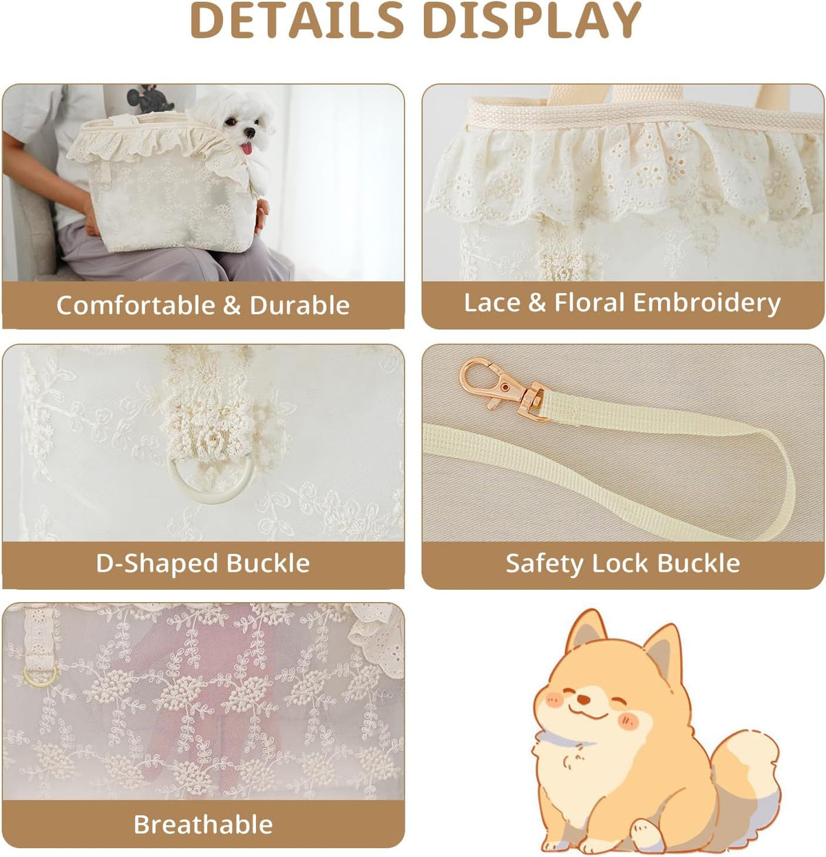 ONECUTE Dog Purse Carrier for Small Dogs Rabbit cat with Large Pockets - Beige Lace / 13.0"L x 6.7"W x 10.6"H - image 3