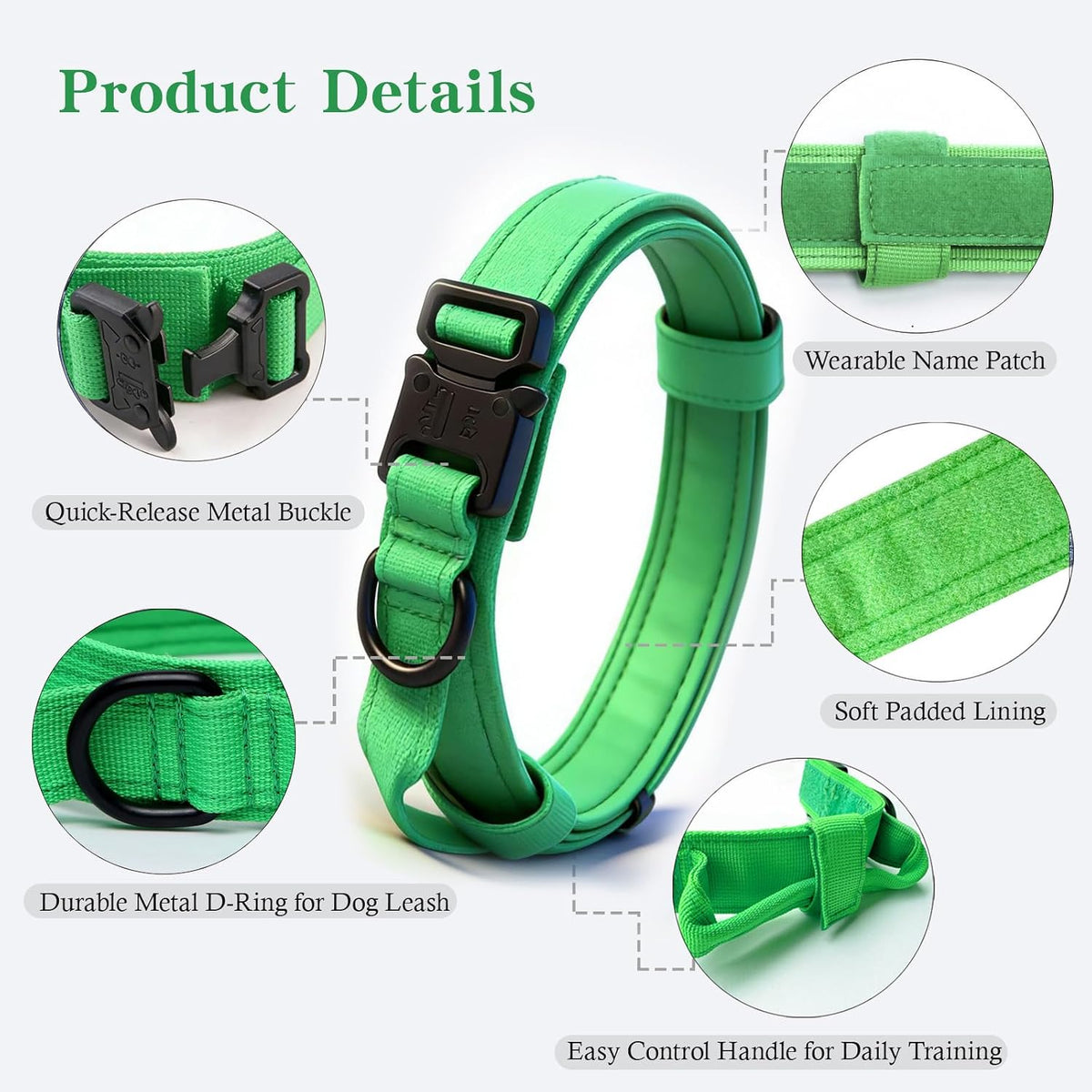 Tactical Dog Collar Adjustable Military Nylon Dog Collar with Control - Large (Pack of 1) / Bright Green - image 3