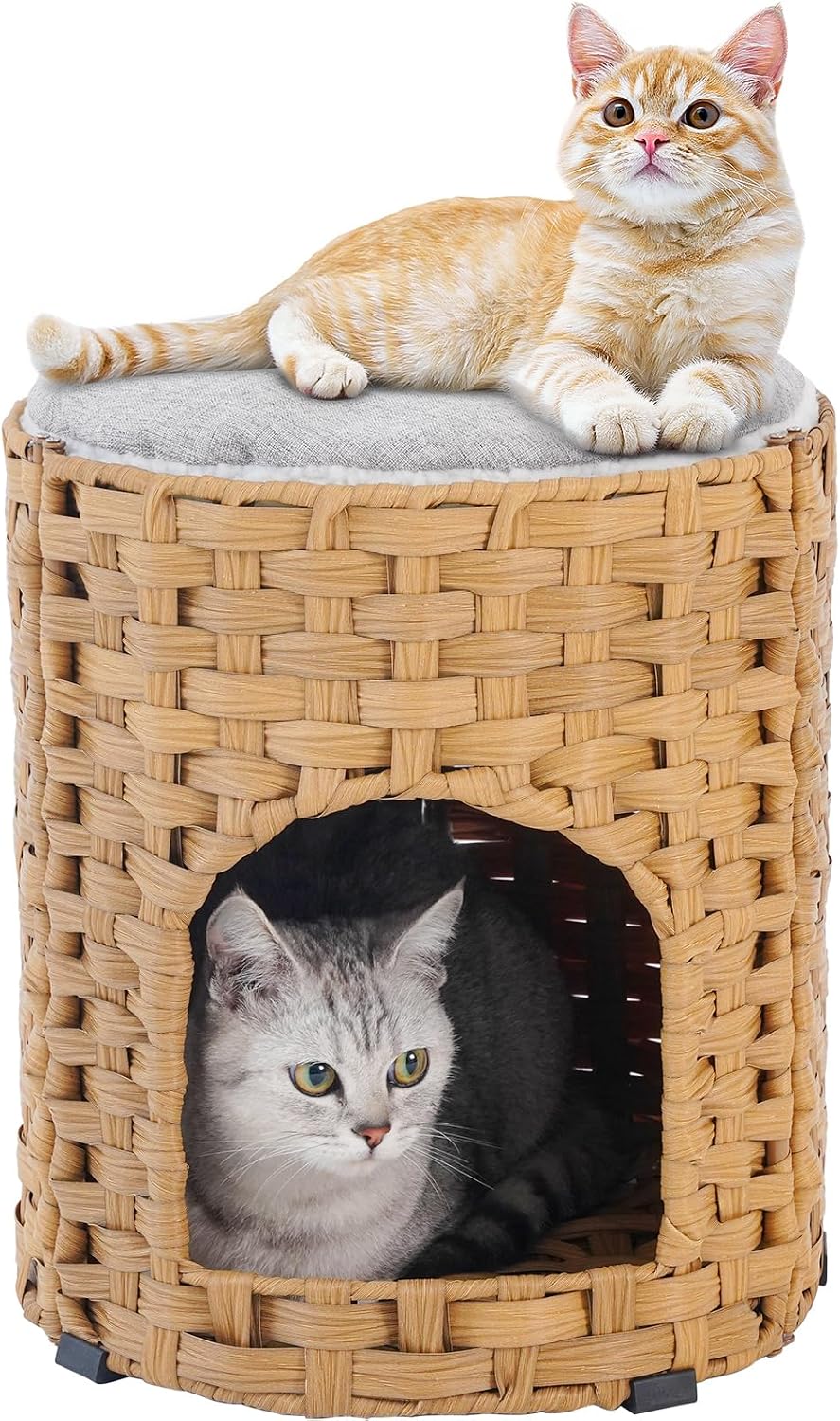 Cat Beds Indoor Kitten House, PE Rattan Cat Cave - Natural / Round-S