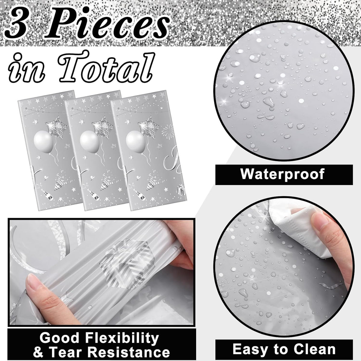 Tudomro 3 Pcs Plastic Happy Birthday Party Tablecloths - Silver / 3 - image 2