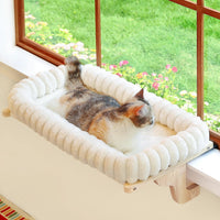 Zakkart SnugCloud Cat Perch for Windowsill – Essentials for Cats - Natural Color Wood w/ Cream Bed / Medium (22"x15")