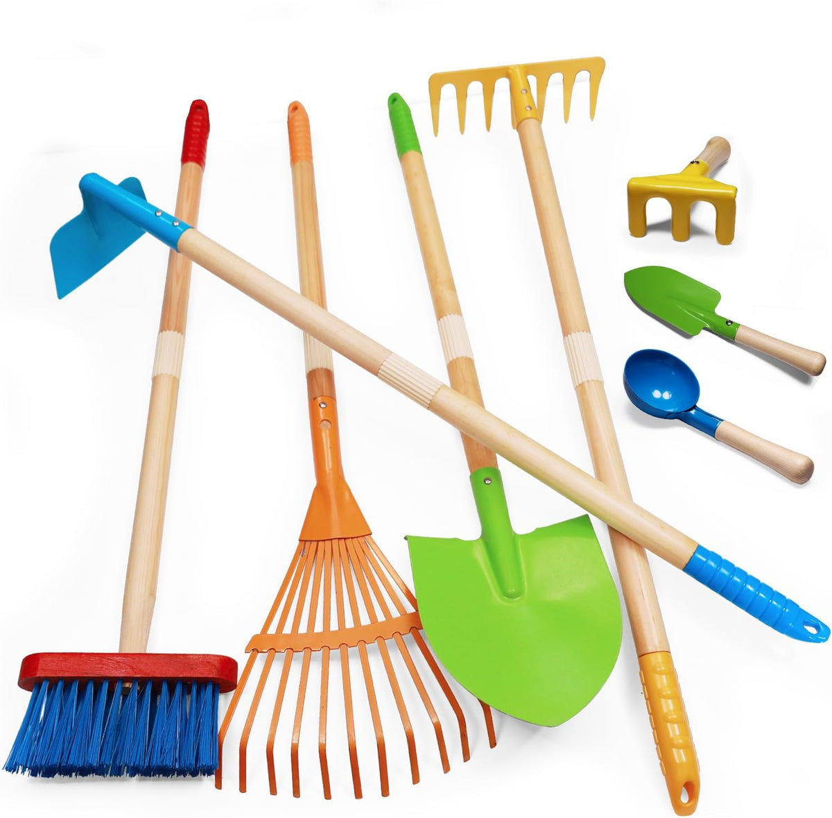 POMIKU 8 piece kids gardening tools set with rake, shovel, spade, hoe and broom - view 2
